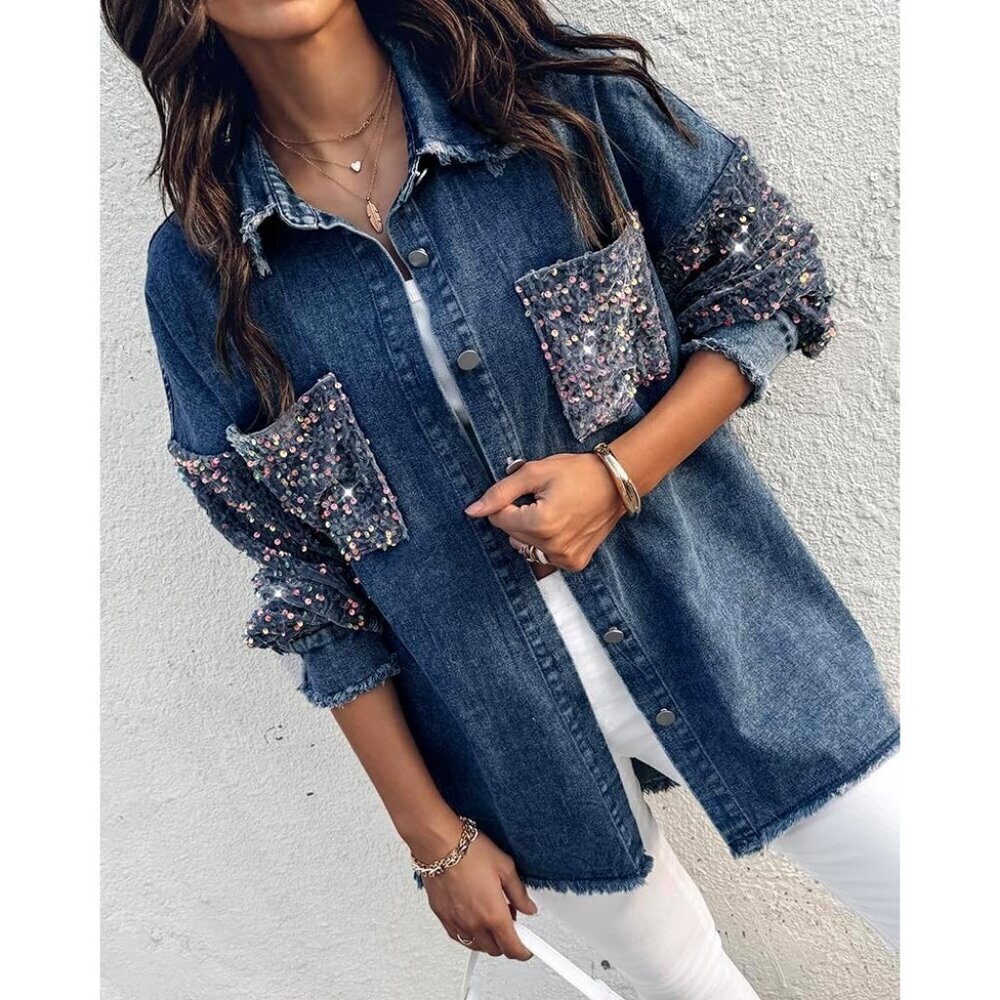 Women's Casual Denim Jacket Contrast Sequin Long Sleeve Denim Jackets Blue - Picture 2 of 7